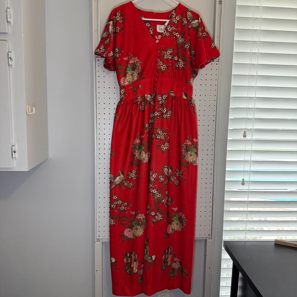 Vintage Leslie Fay Maxi Dress Women's Size 16 Red Floral Bird Print Asian Geisha